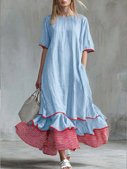 Women’s Patchwork Striped Midi Dress – Casual LightBlue Summer Dress